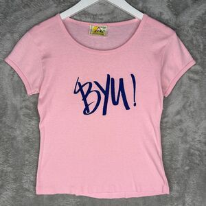 Vtg 70s BYU Cougars T-Shirt Womens Medium Pink Tee Moon Castles Velva Sheen